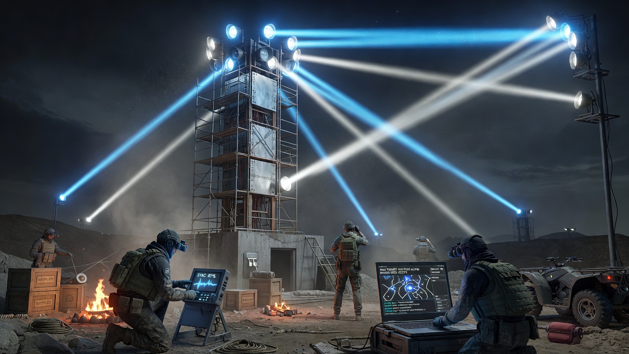 Detailed view of multiple beacon beams intersecting over a nighttime raid location in a sandbox survival world