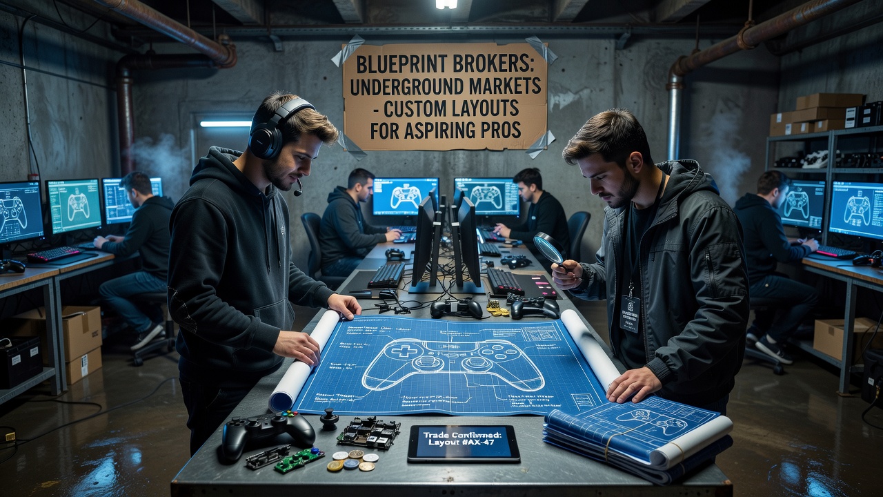 Aspiring pro gamers examining custom controller layout blueprints on digital marketplaces