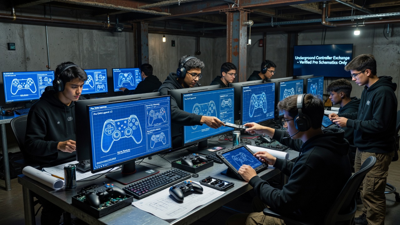 Digital interface showing traded custom controller blueprints with performance metrics and compatibility details