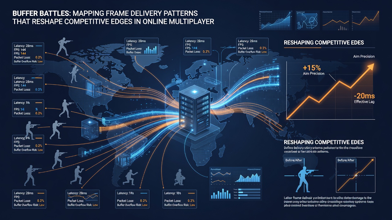 Network topology map showing frame buffer interactions across global multiplayer server clusters