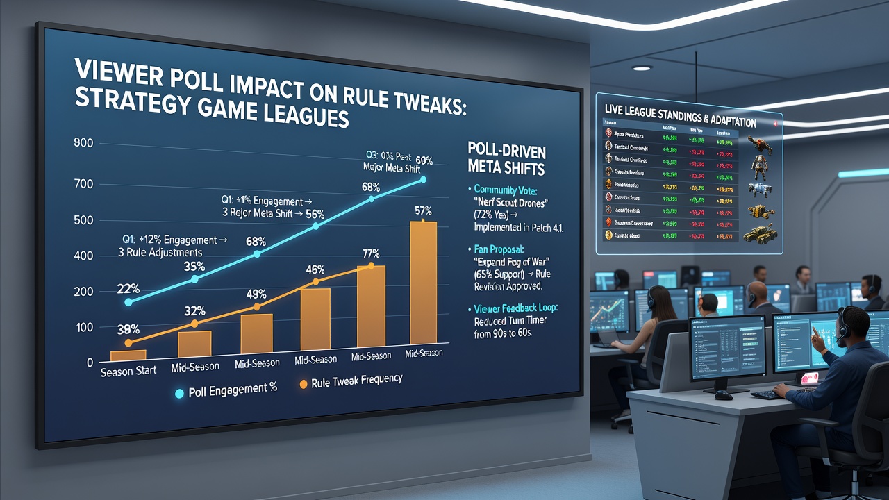 Analysts reviewing poll data and league rule updates in a strategy game setting