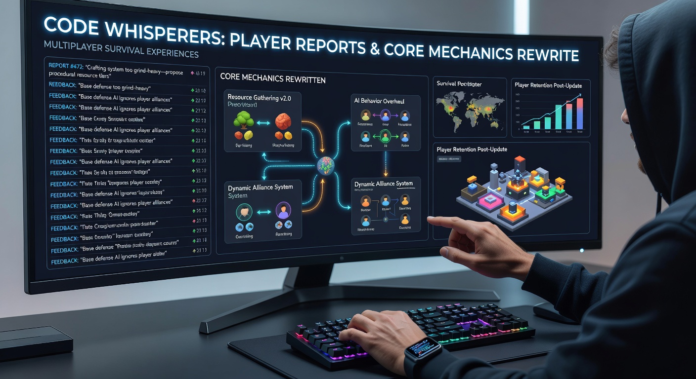 Community dashboard displaying player-submitted reports on survival game mechanics with charts tracking issue resolution rates