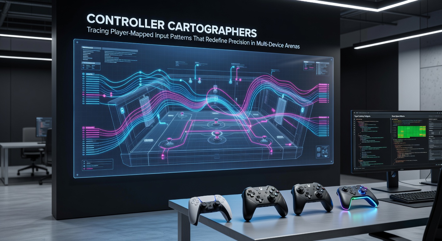 Illustration of players mapping custom controller inputs across multiple gaming devices including consoles and PCs
