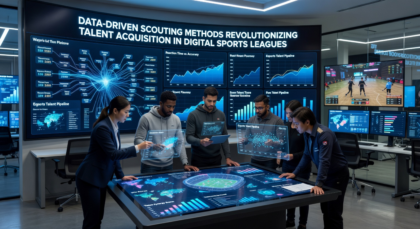 Scouting team reviewing player statistics on multiple monitors during a digital sports league event
