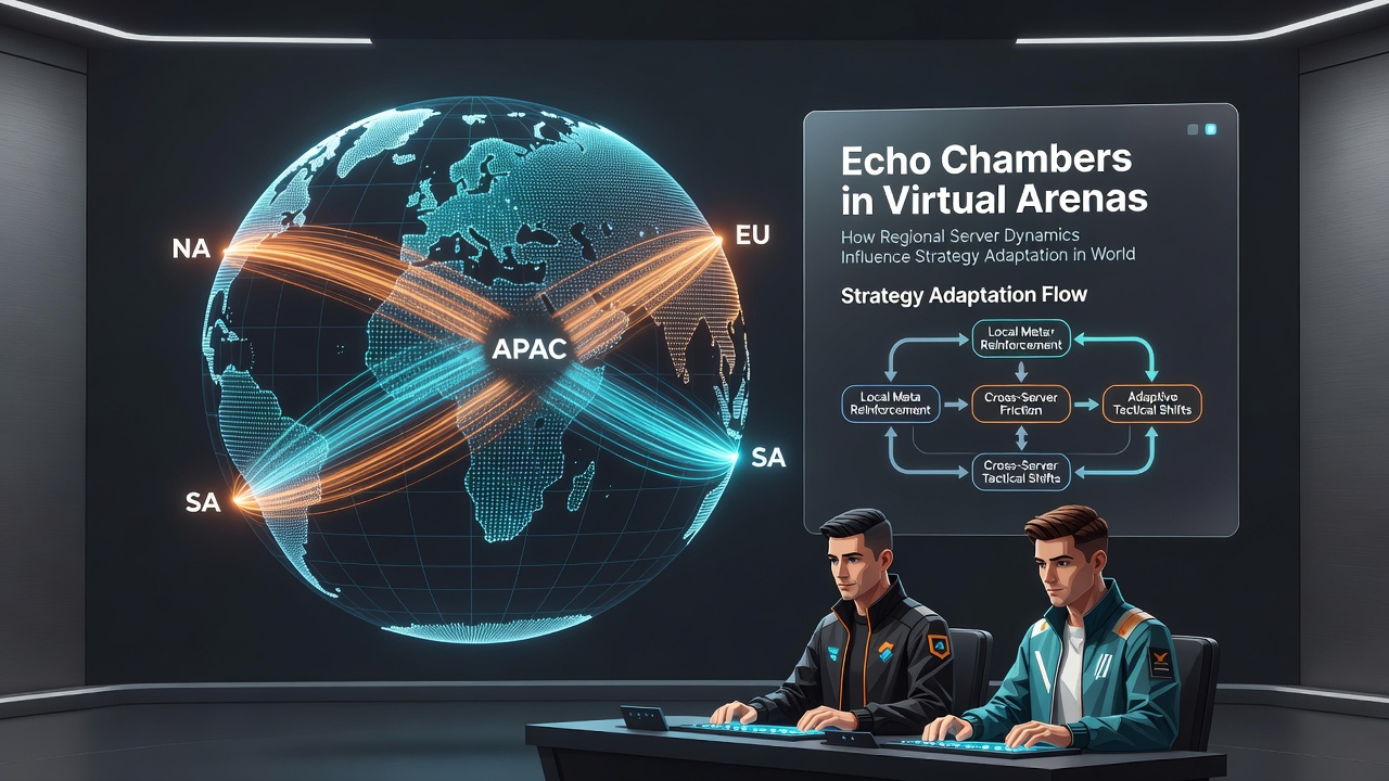 Players adapting strategies during a cross-regional esports tournament with server latency indicators