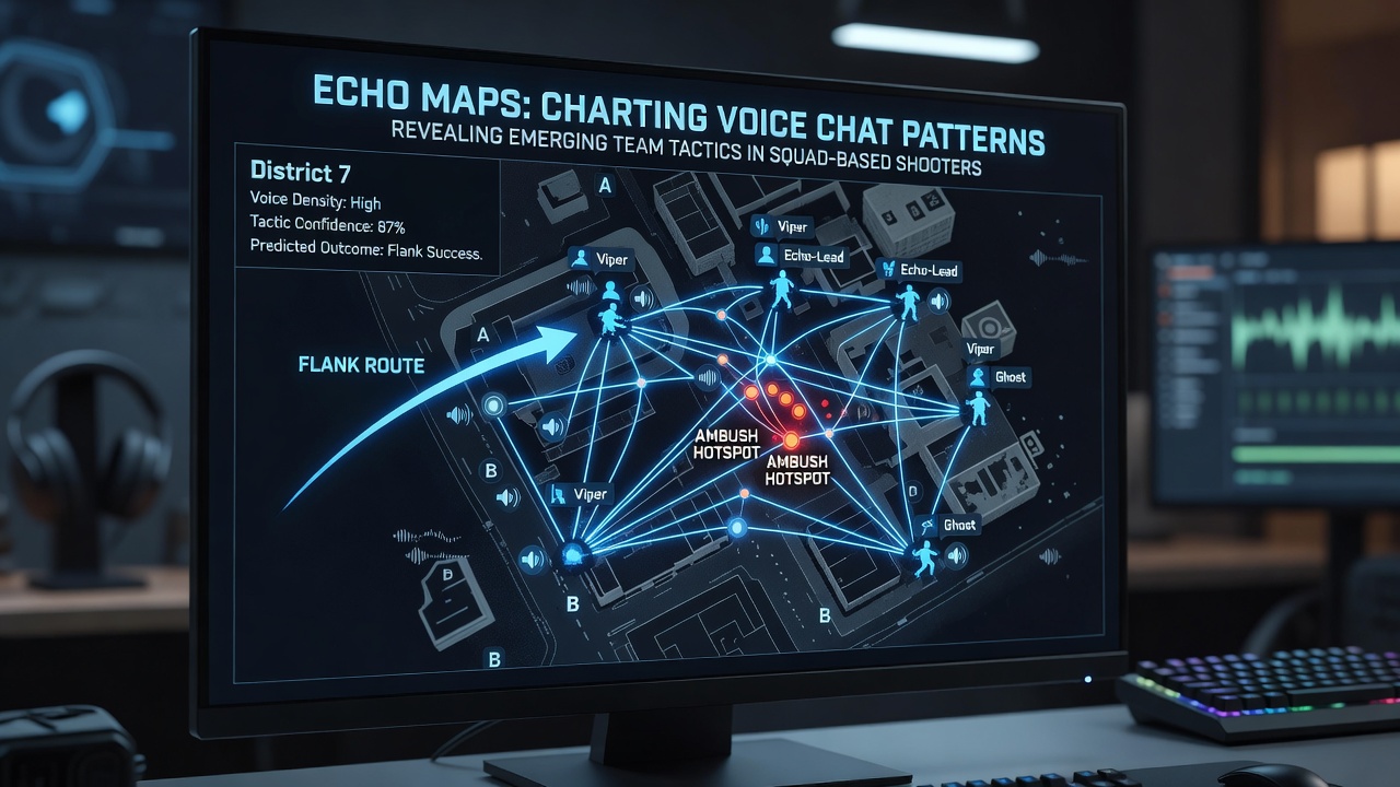 Team reviewing echo map overlays during a post-match strategy session in a squad shooter esports facility