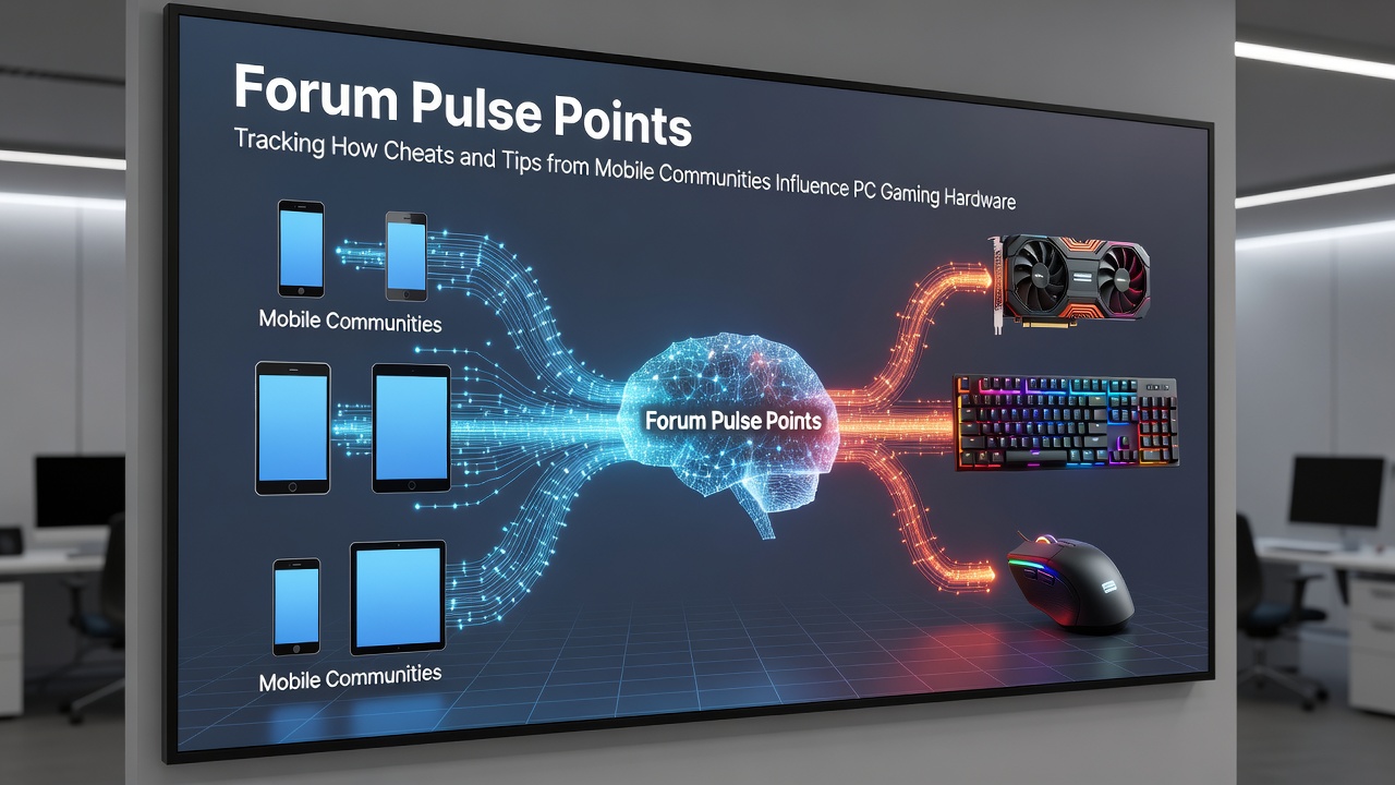 Esports analysts reviewing forum data streams that connect mobile community tips to PC hardware modifications