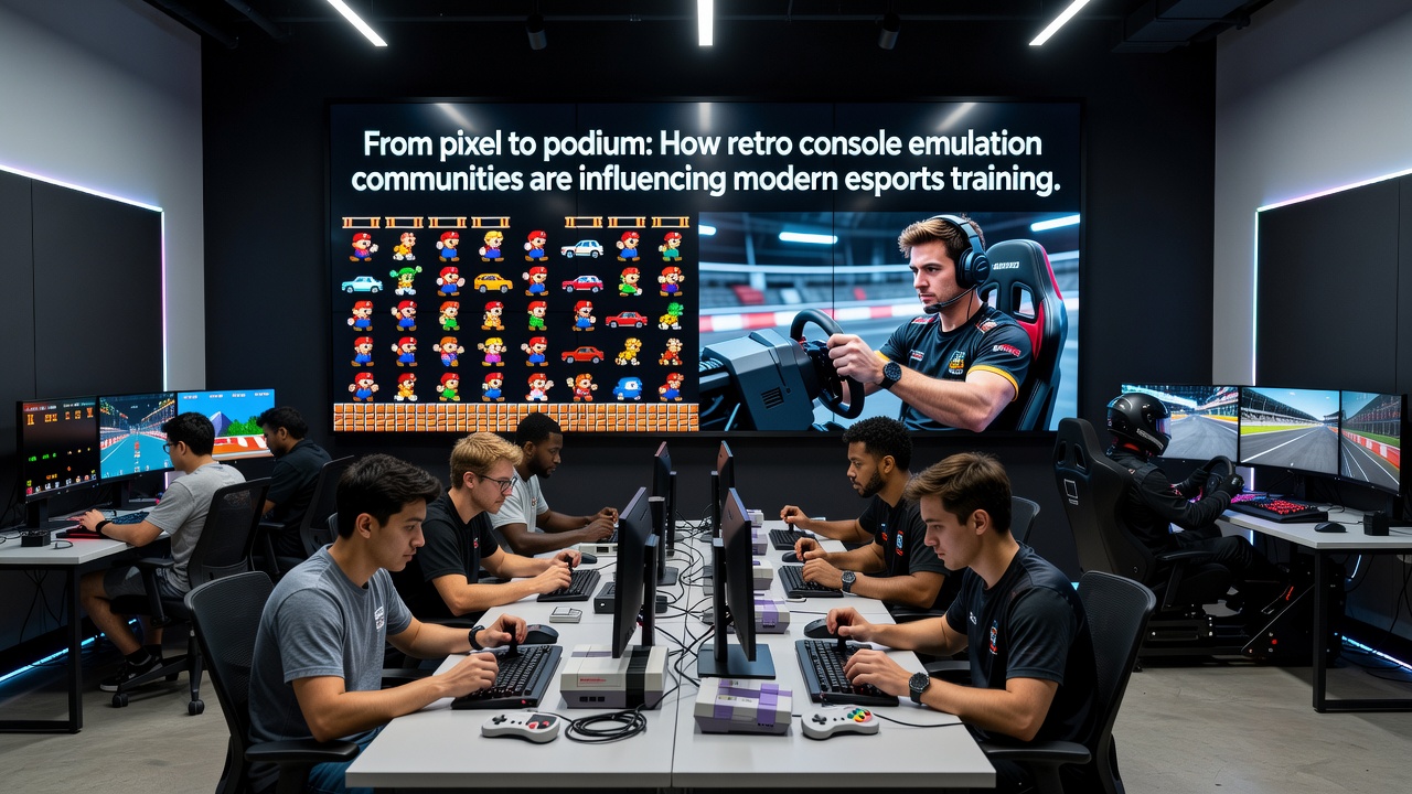 Esports athletes reviewing emulation-based input data on training monitors