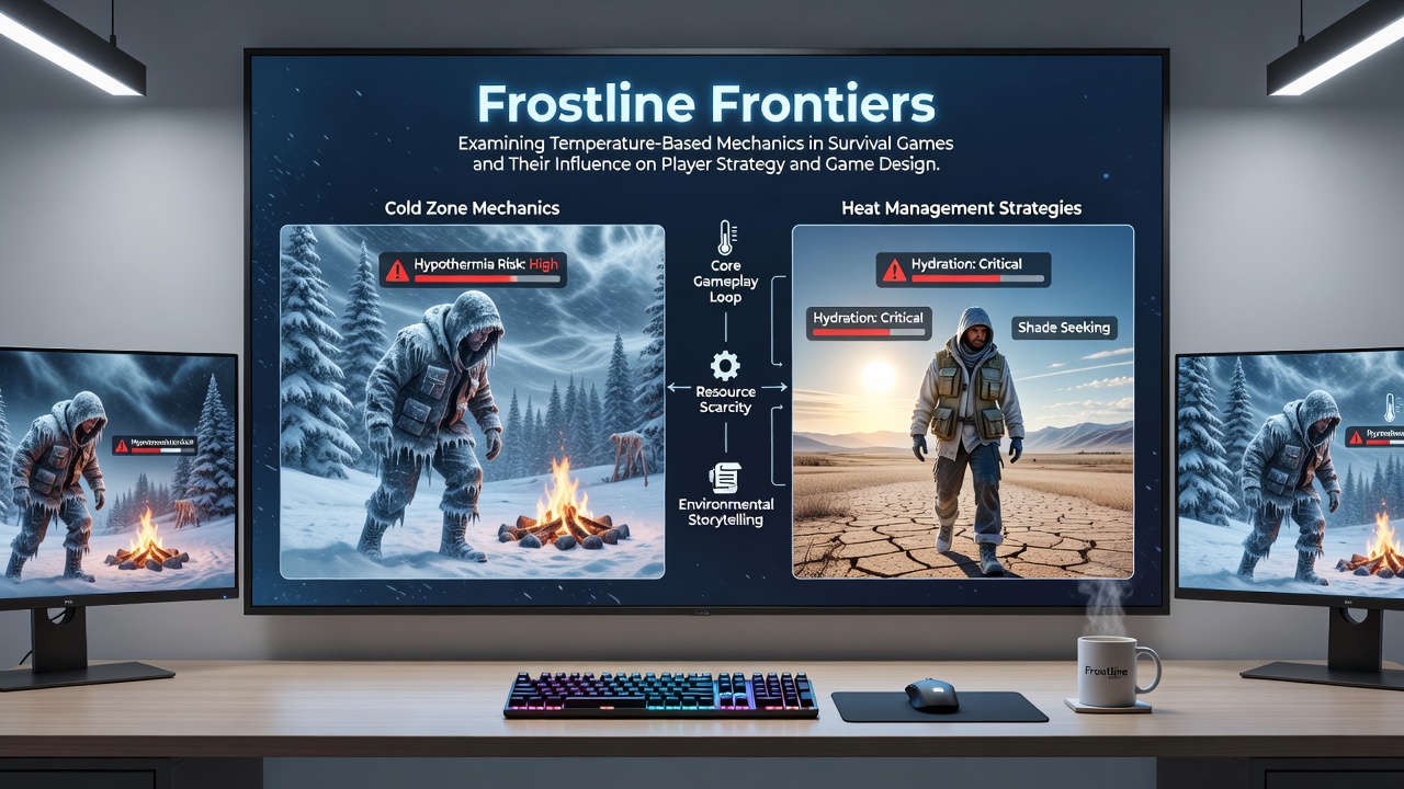 Group of players constructing insulated shelters in a snowy biome with temperature UI overlays visible