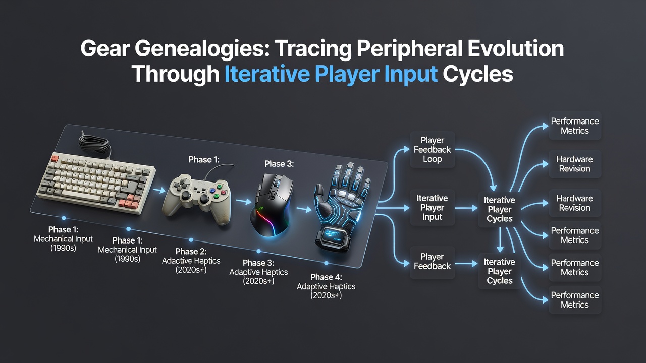 Evolution of gaming peripherals showing iterative design changes from early controllers to modern esports setups