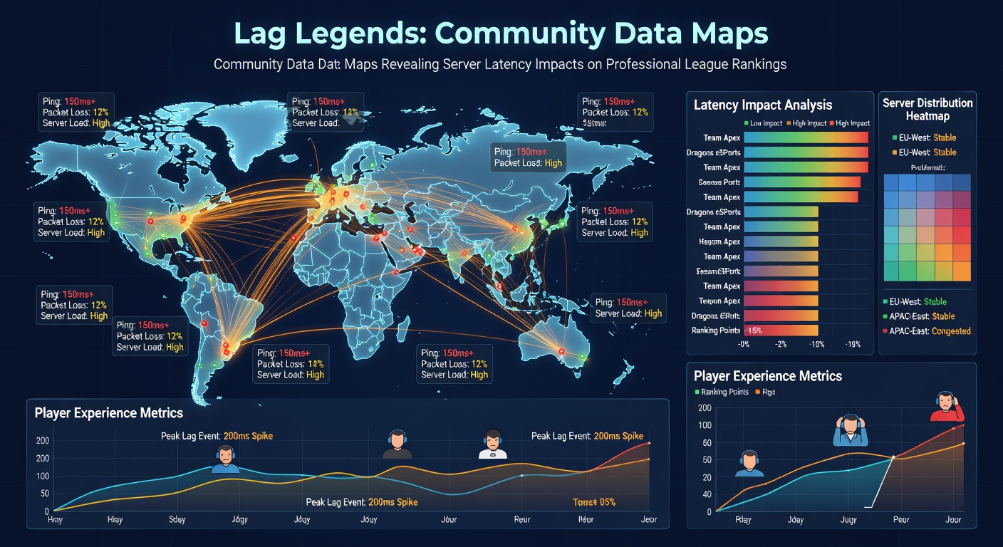 Detailed server latency map highlighting professional team locations and performance metrics across global regions