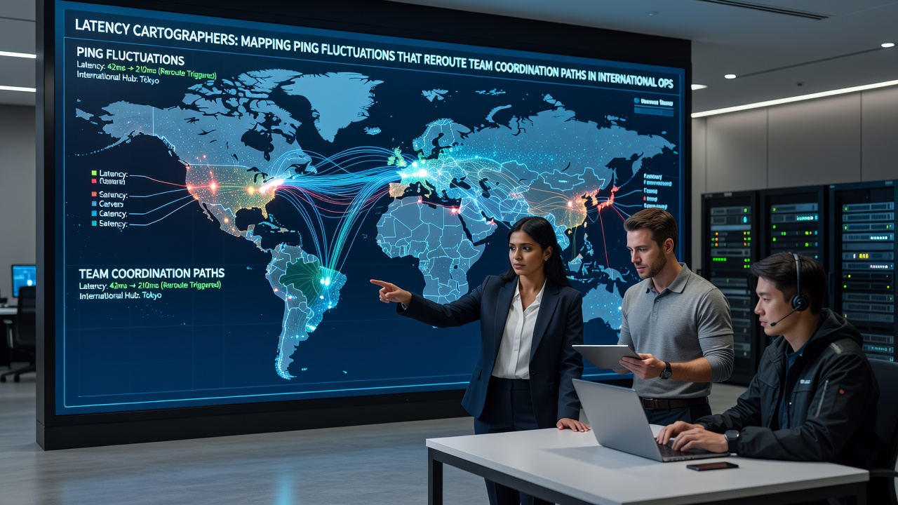 Detailed latency heat map displayed on multiple monitors showing rerouted coordination paths for an esports team