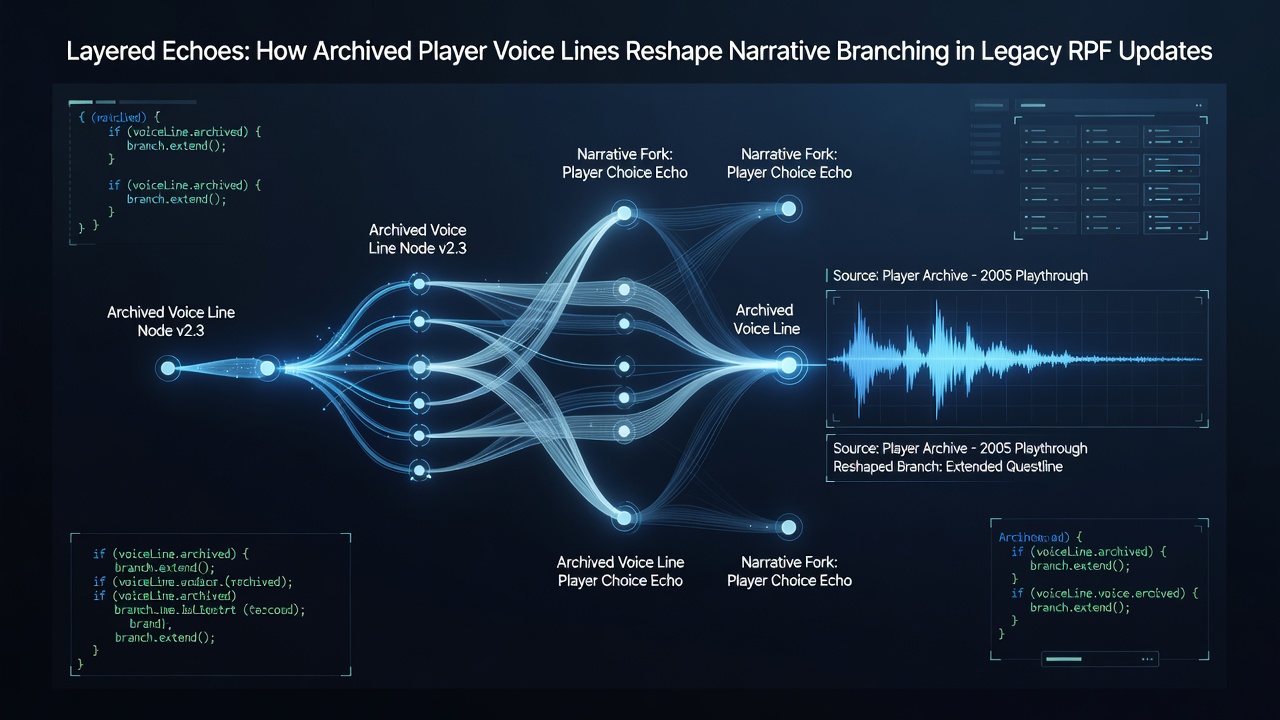 Developers reviewing layered voice line timelines on multiple monitors during an RPG update cycle