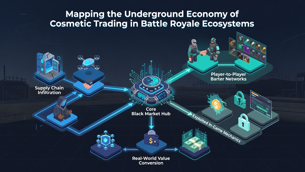 Network diagram illustrating intermediary platforms and transaction pathways in battle royale cosmetic markets