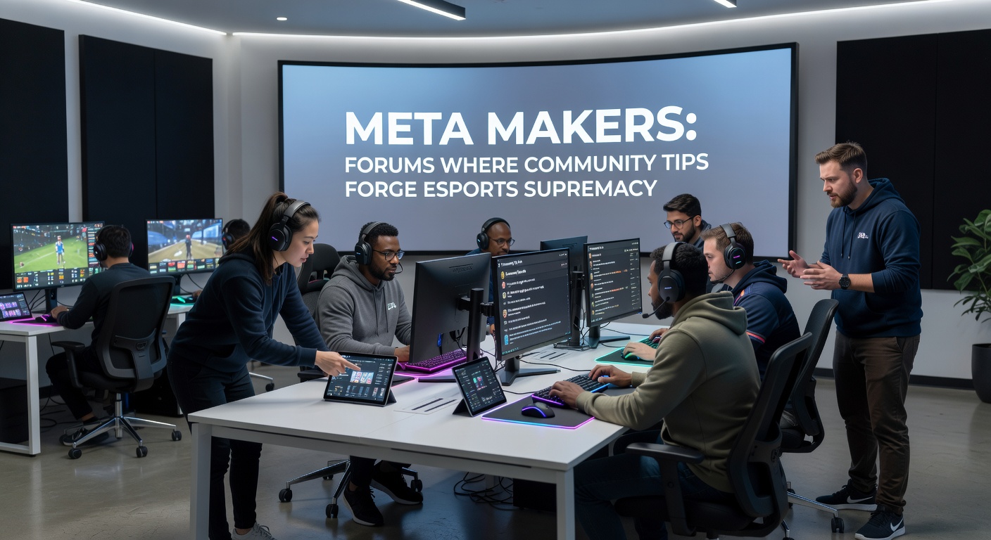 Esports players huddled around screens reviewing forum strategies during a team practice session, charts and replays visible