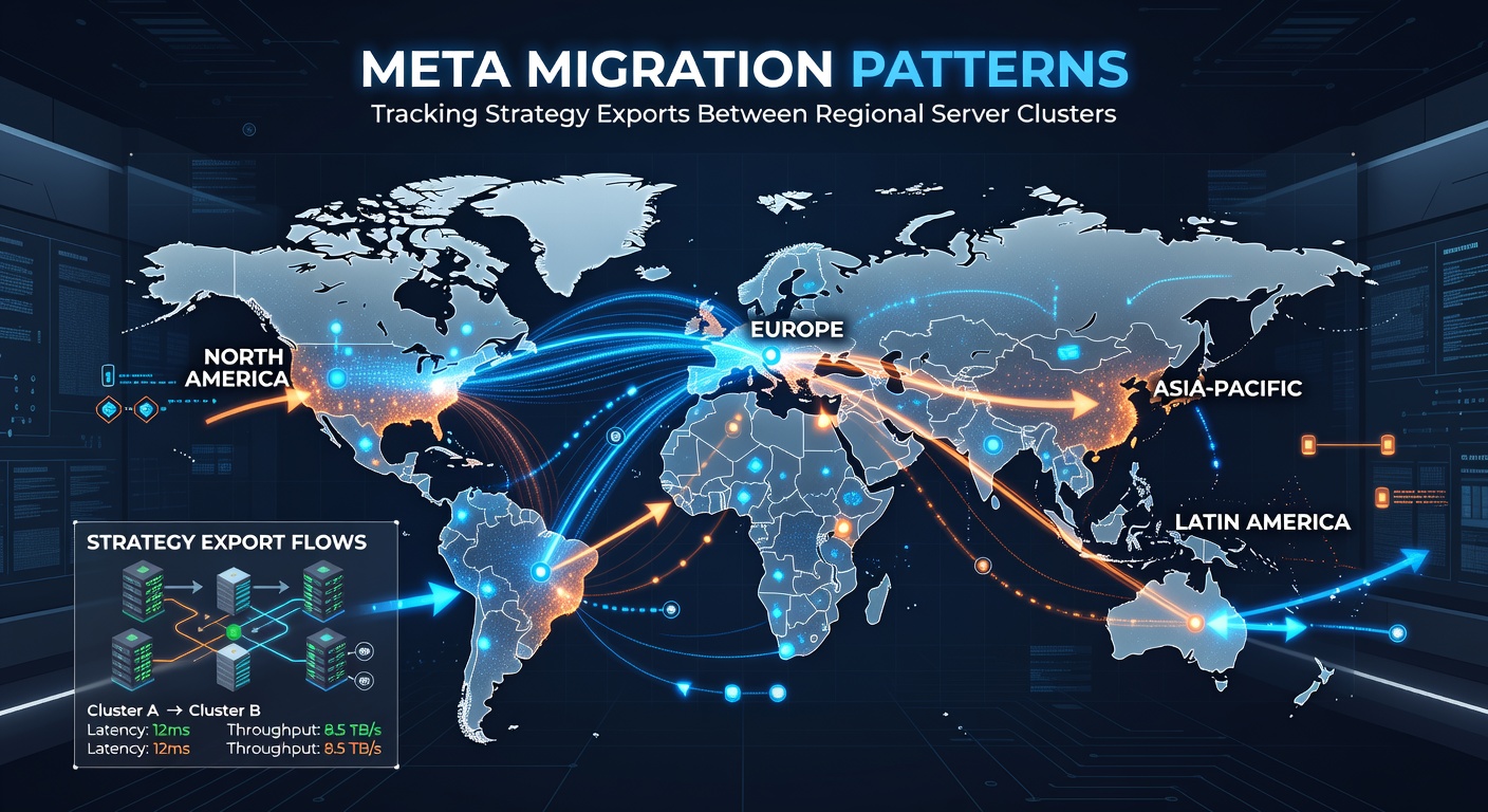 Server cluster visualization showing strategy data flows between North American, European, and Asian regional networks