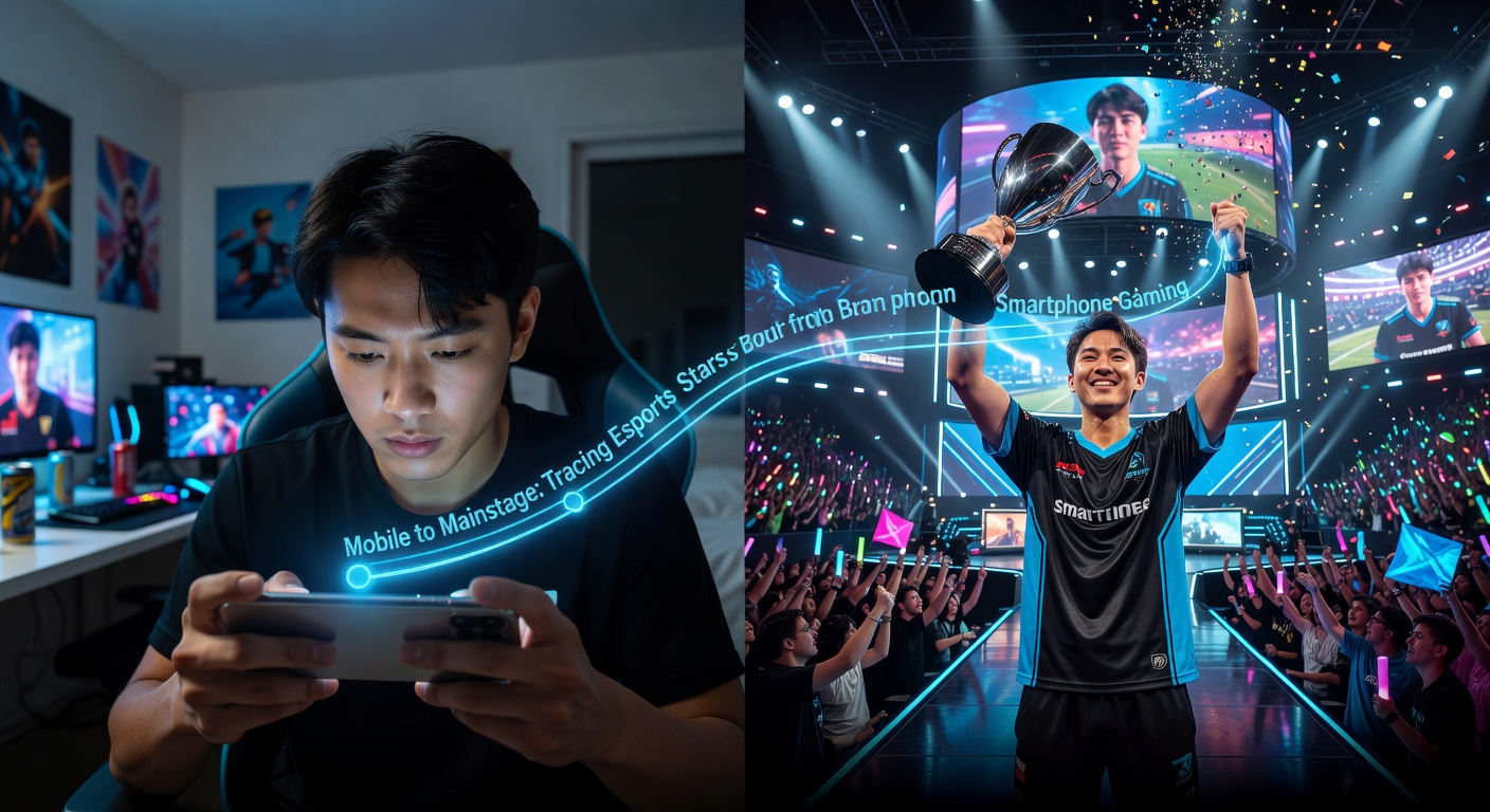 A young esports player transitioning from a mobile phone screen to a massive mainstage arena packed with cheering fans