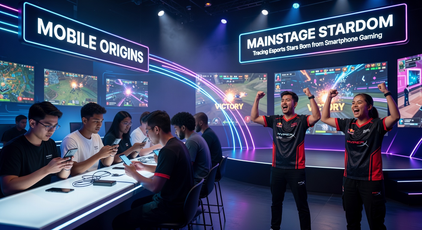 A group of esports stars celebrating a victory on a grand mainstage, with mobile phones symbolically in the foreground representing their origins