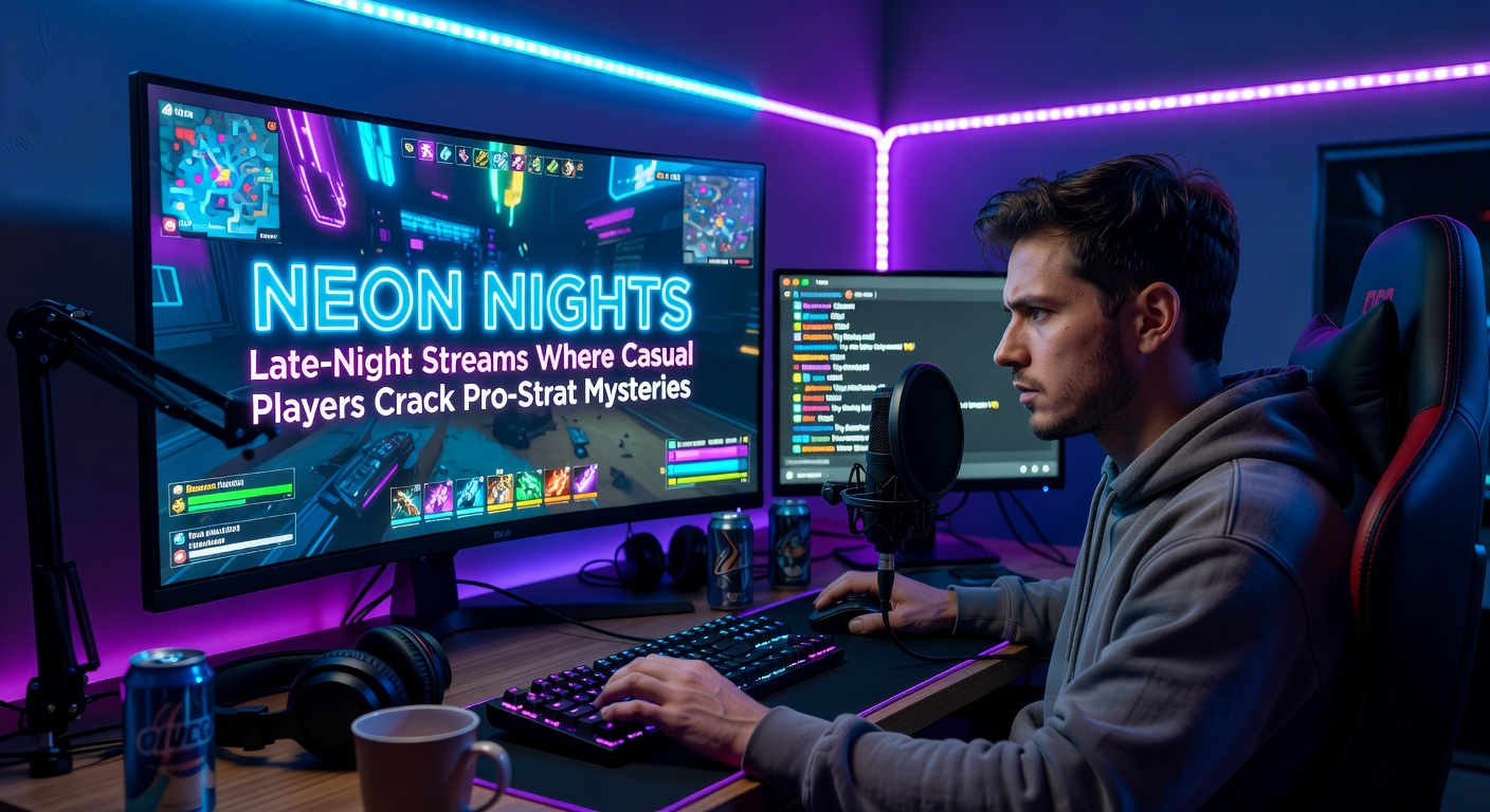 Dimly lit gaming setup glowing with neon lights from multiple monitors, a casual player intently analyzing pro-level strategy overlays during a late-night stream