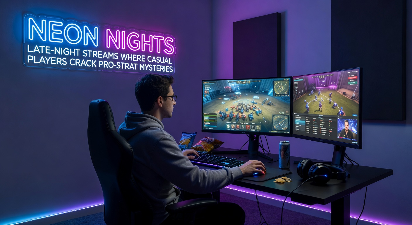Group of diverse casual gamers huddled around a shared screen in a virtual late-night stream chat, neon accents highlighting excited discussions on pro strategy breakdowns