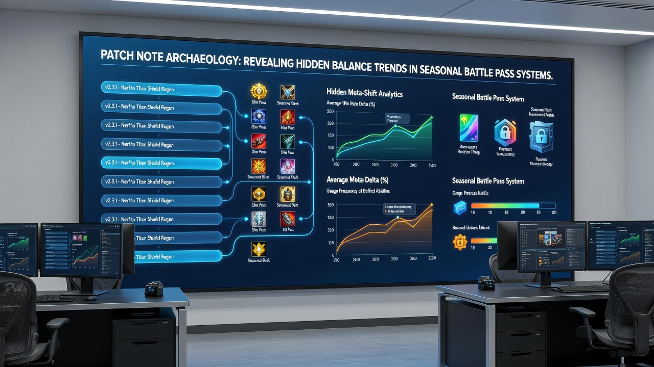 Close-up of a timeline chart showing battle pass reward tiers and corresponding balance patch dates from 2024 to 2026