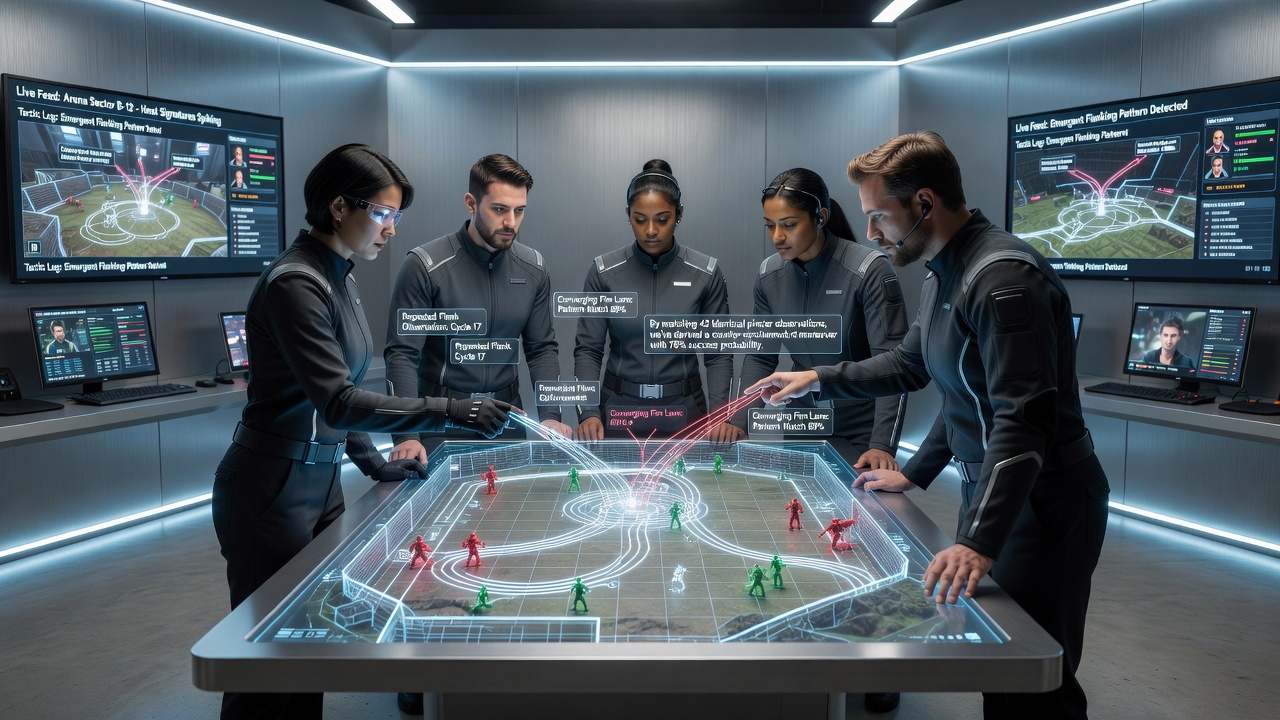 Coaches and players discussing emergent tactics derived from match data during a strategy session
