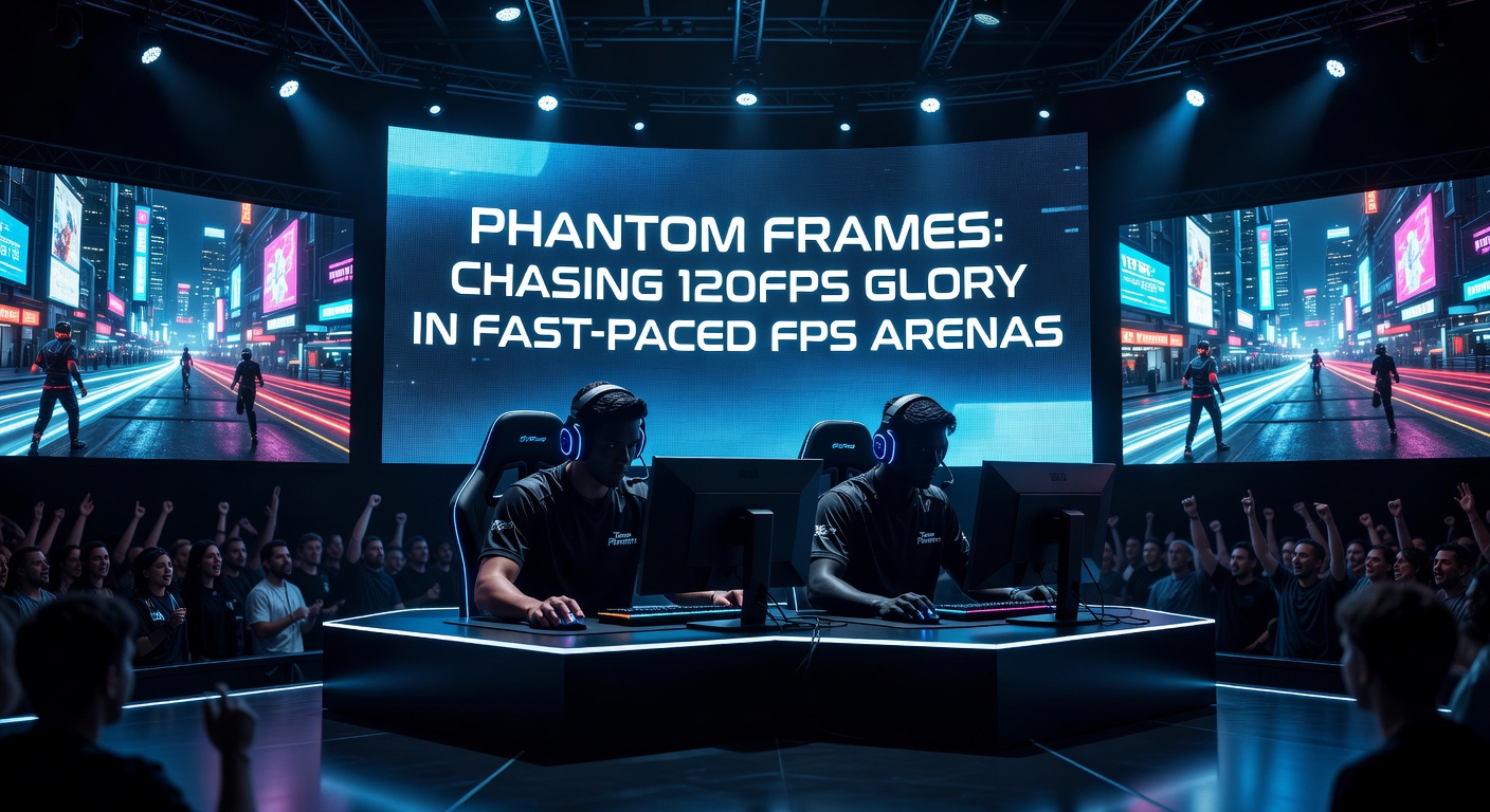 Close-up of a gaming PC rig with RGB-lit RTX GPU rendering phantom frames in a benchmark tool, displaying 120FPS metrics overlaid on Valorant gameplay