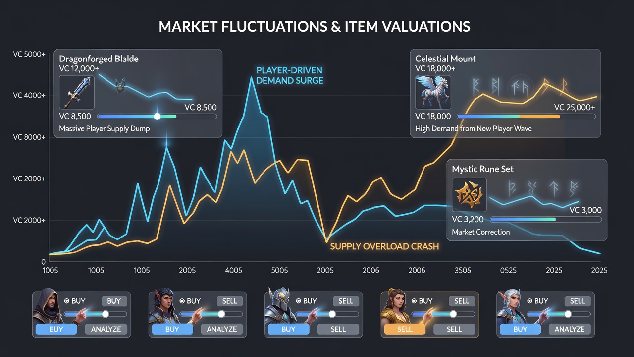 Graph displaying fluctuating virtual item prices over time in a role-playing game economy