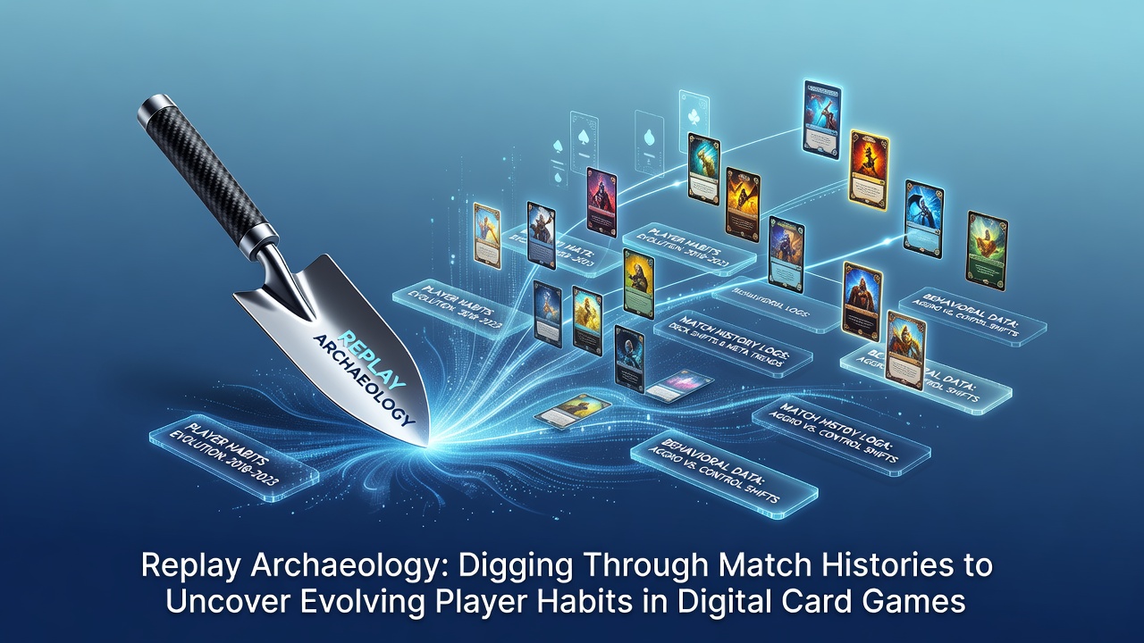 Analysts reviewing digital card game match replays on multiple screens showing evolving deck strategies and player patterns