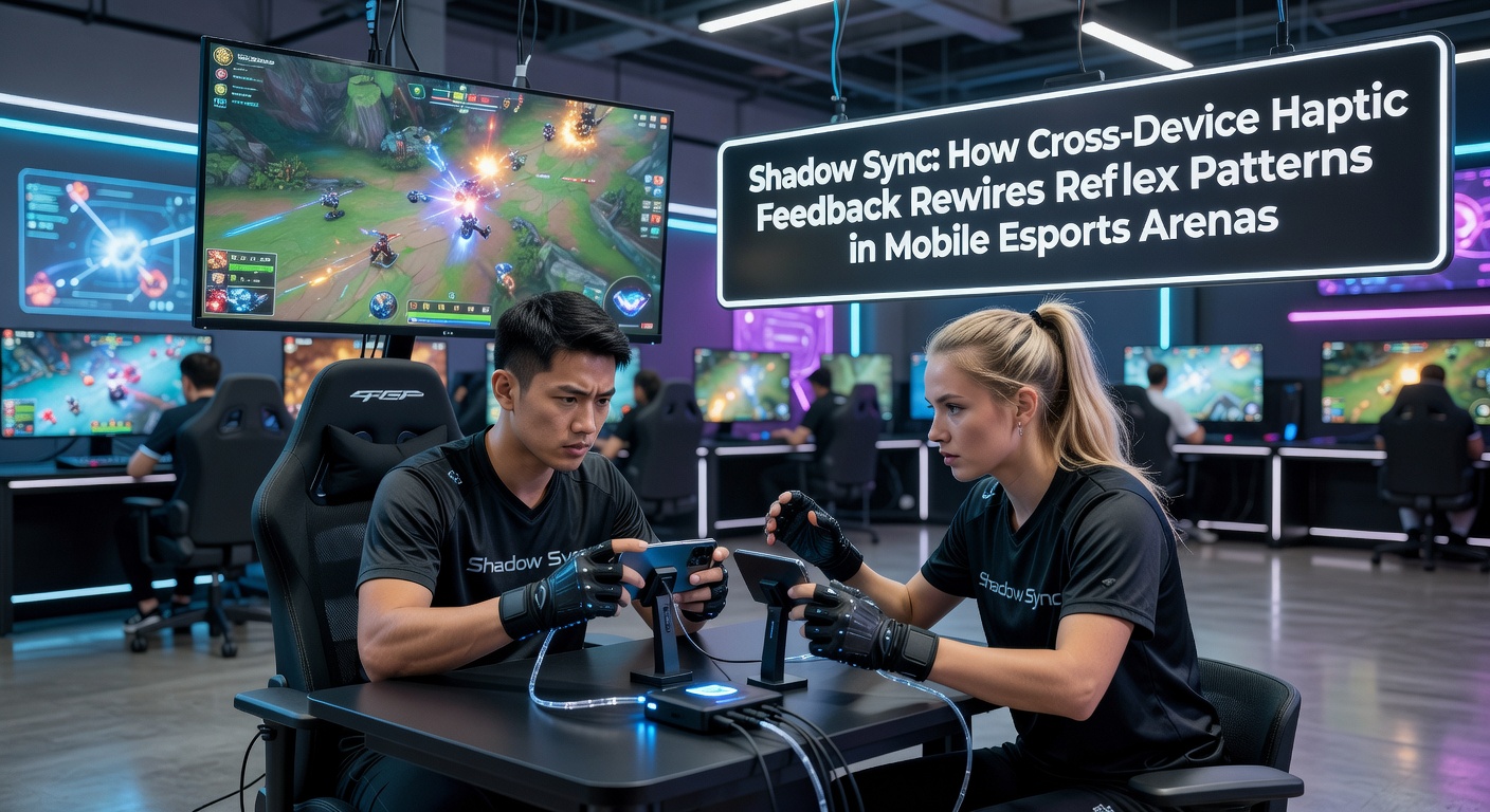 Cross-device haptic feedback system in action during a mobile esports tournament, showing players with synced devices