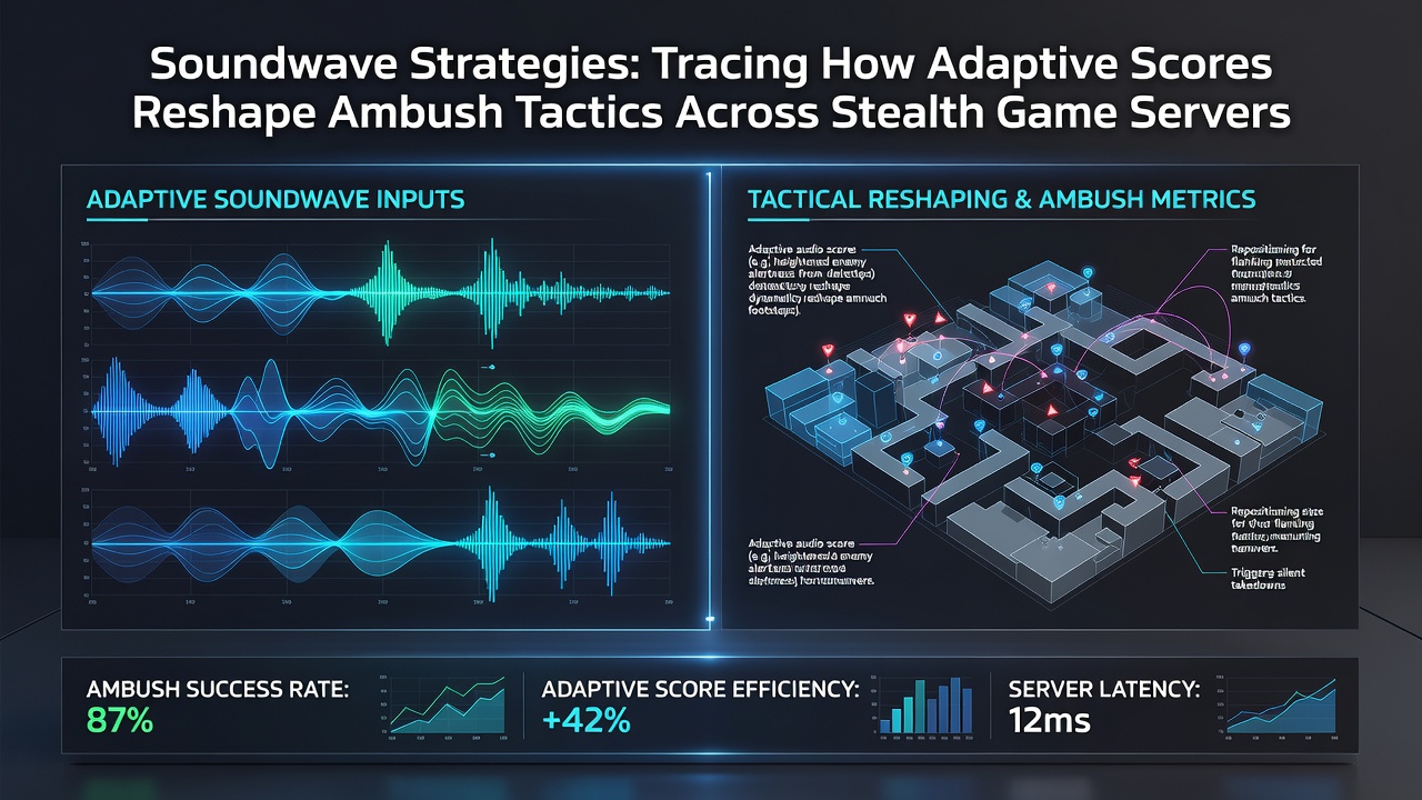 Multiplayer stealth players coordinating an ambush while adaptive score layers display on a shared server dashboard