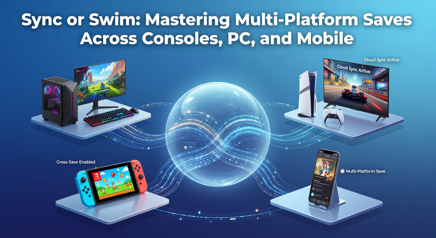 Vibrant illustration showing game characters and save icons syncing seamlessly across console, PC, and mobile screens