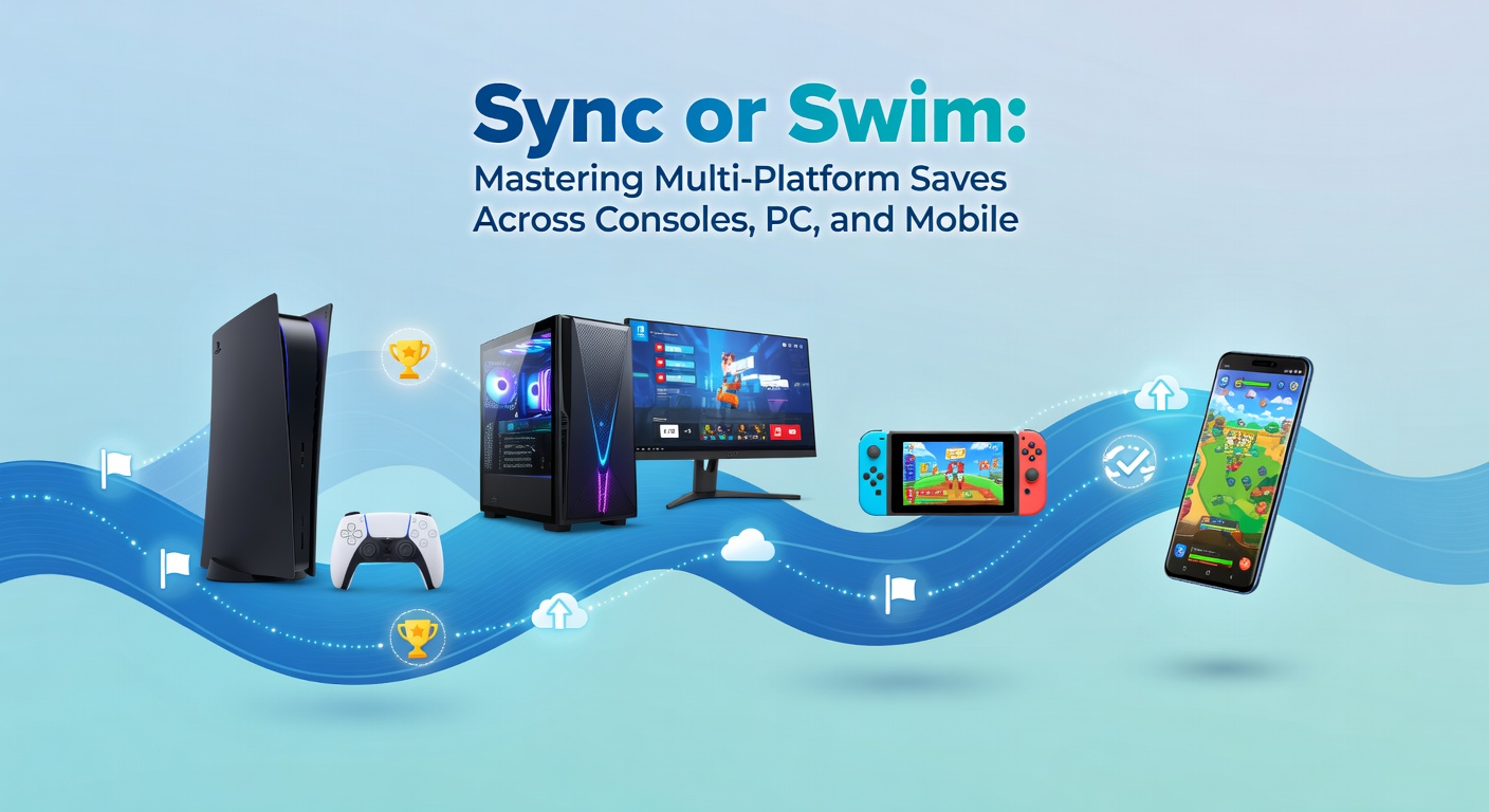 Screenshot of a game's progress menu displaying synced saves across PlayStation, PC, and Android icons