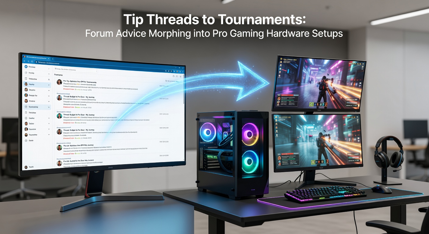 Pro gamer at a tournament desk with a custom PC rig inspired by forum builds, featuring multiple monitors, RGB lighting, and high-end peripherals