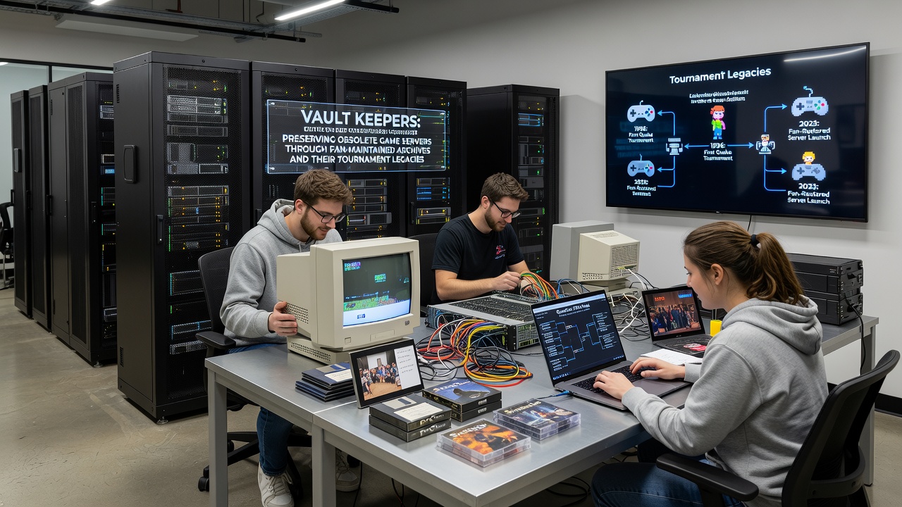 Fan archivists maintaining legacy game server hardware in a dedicated preservation facility